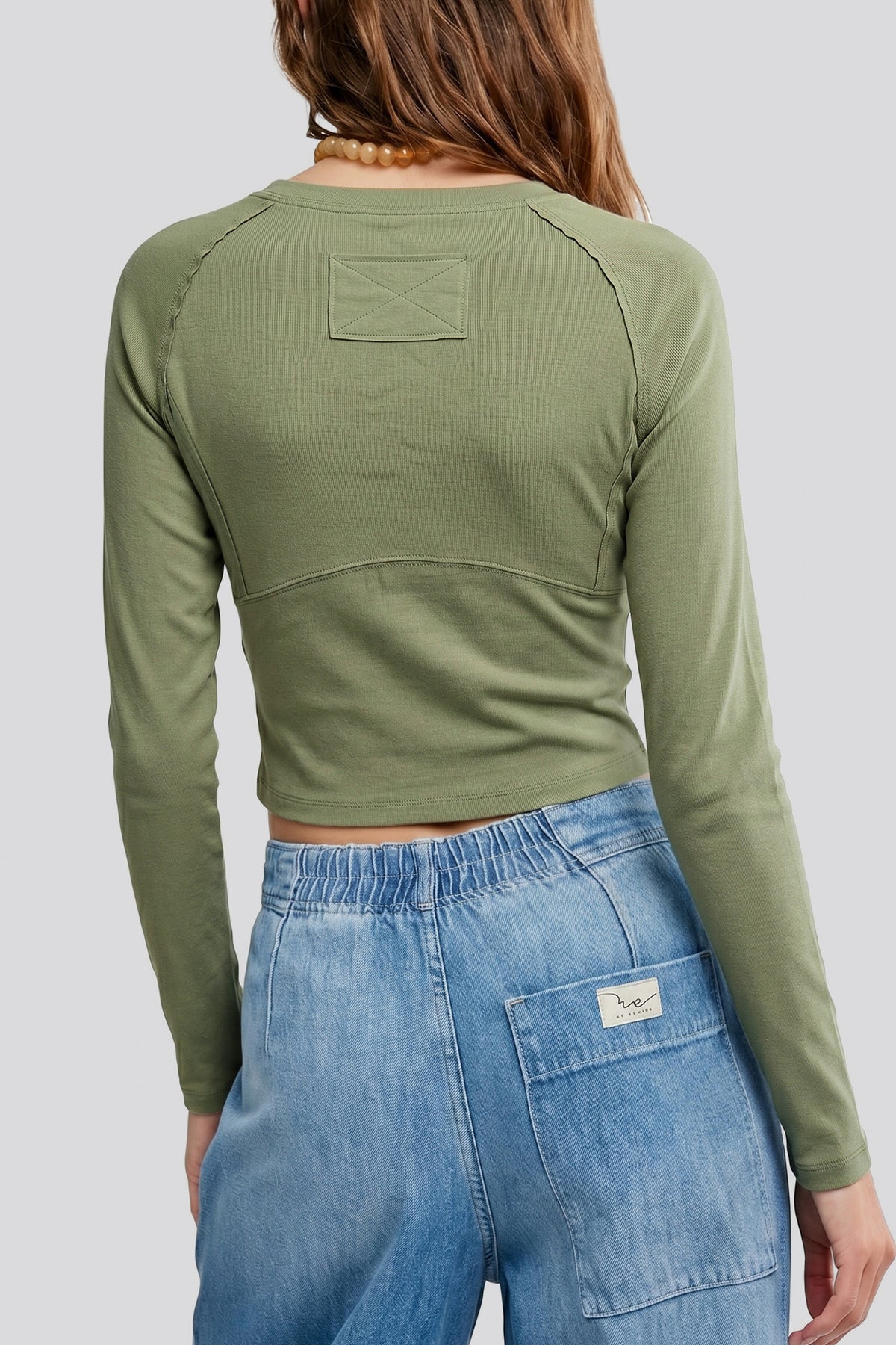 *Guacamole Green Round Neck Paneling Long Sleeve Top