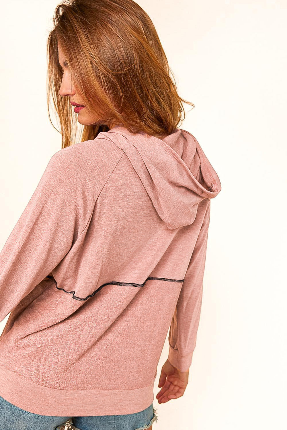 *Pink Buttons Front Princess Line Out Seam Hoodie