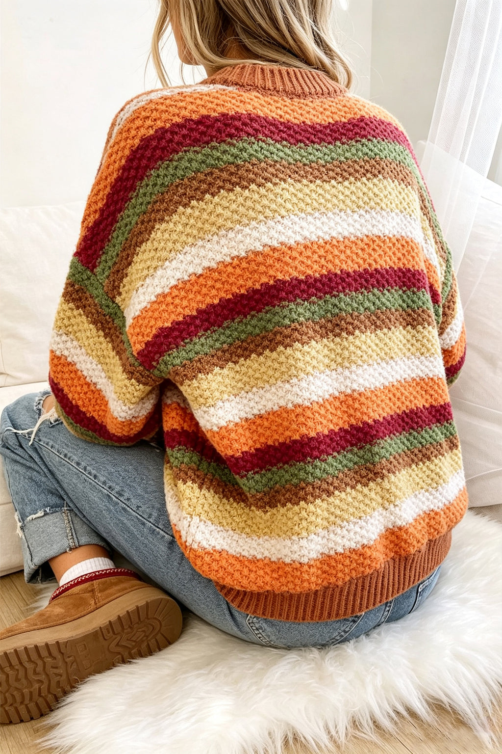 *Camel Rainbow Striped Knit Round Neck Puff Sleeve Sweater