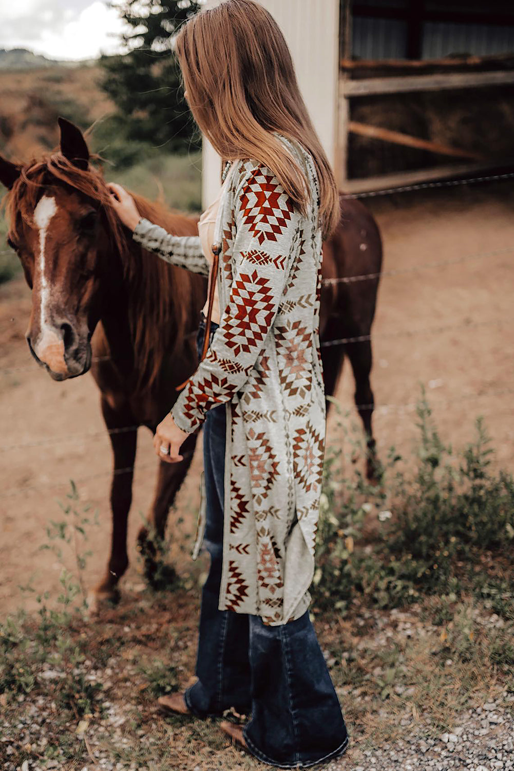 *Brown Western Aztec Printed Open Front Long Cardigan