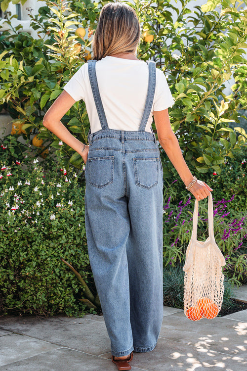 *Dusk Blue Pleated Wide Leg Retro Pocketed Denim Jumpsuit