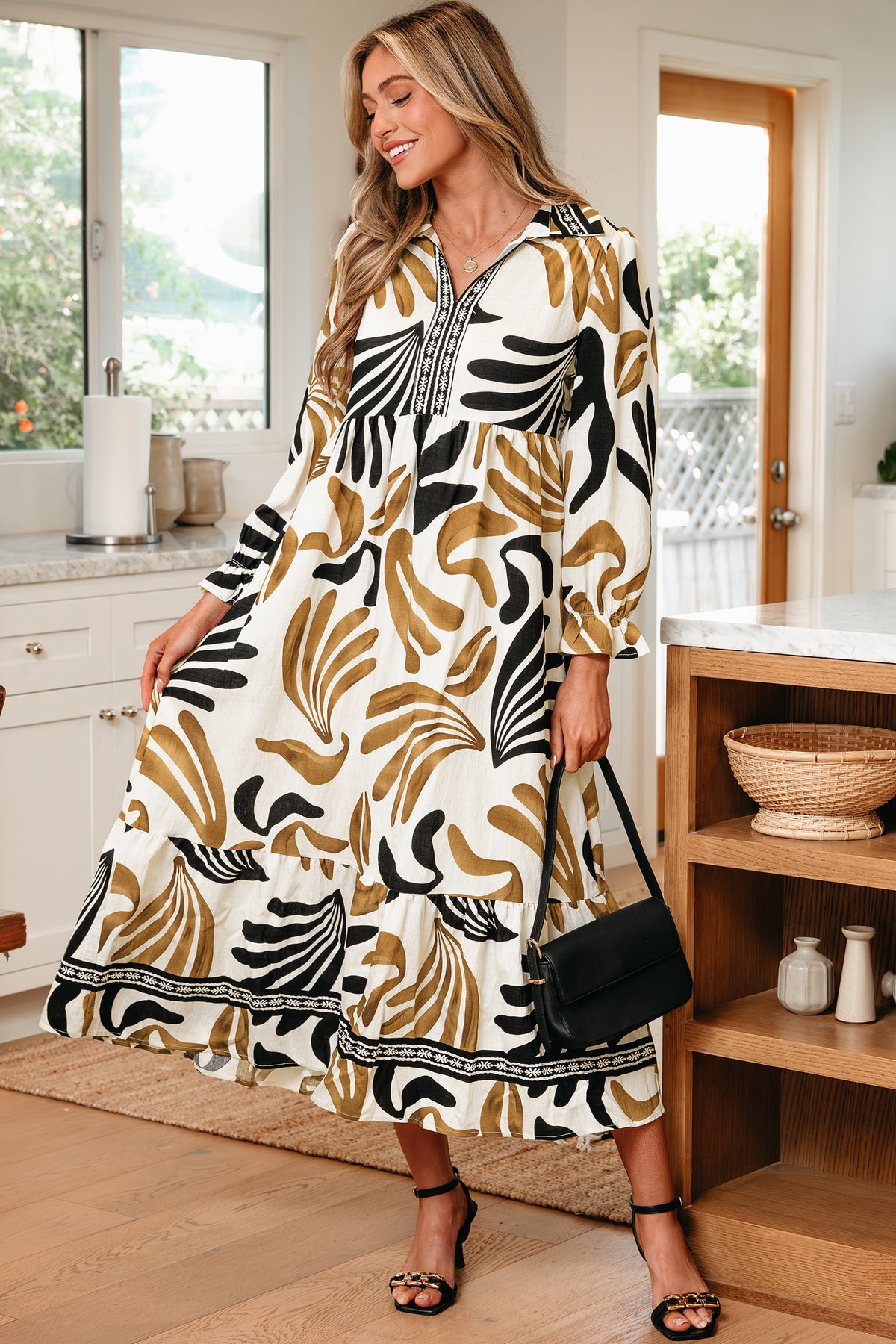 *Brown Tropical Printed Contrast Trim Neck Long Sleeve Ruffle Hem Dress