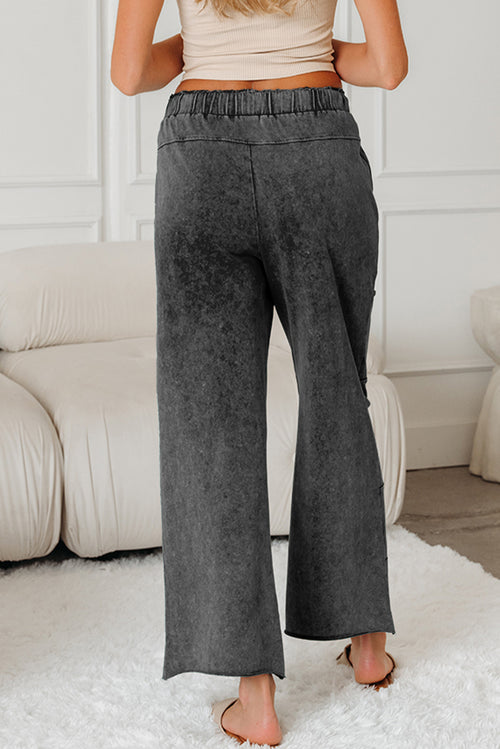 *Medium Grey Mineral Wash Lace-up High Waist Raw Hem Patched Pocket Pants