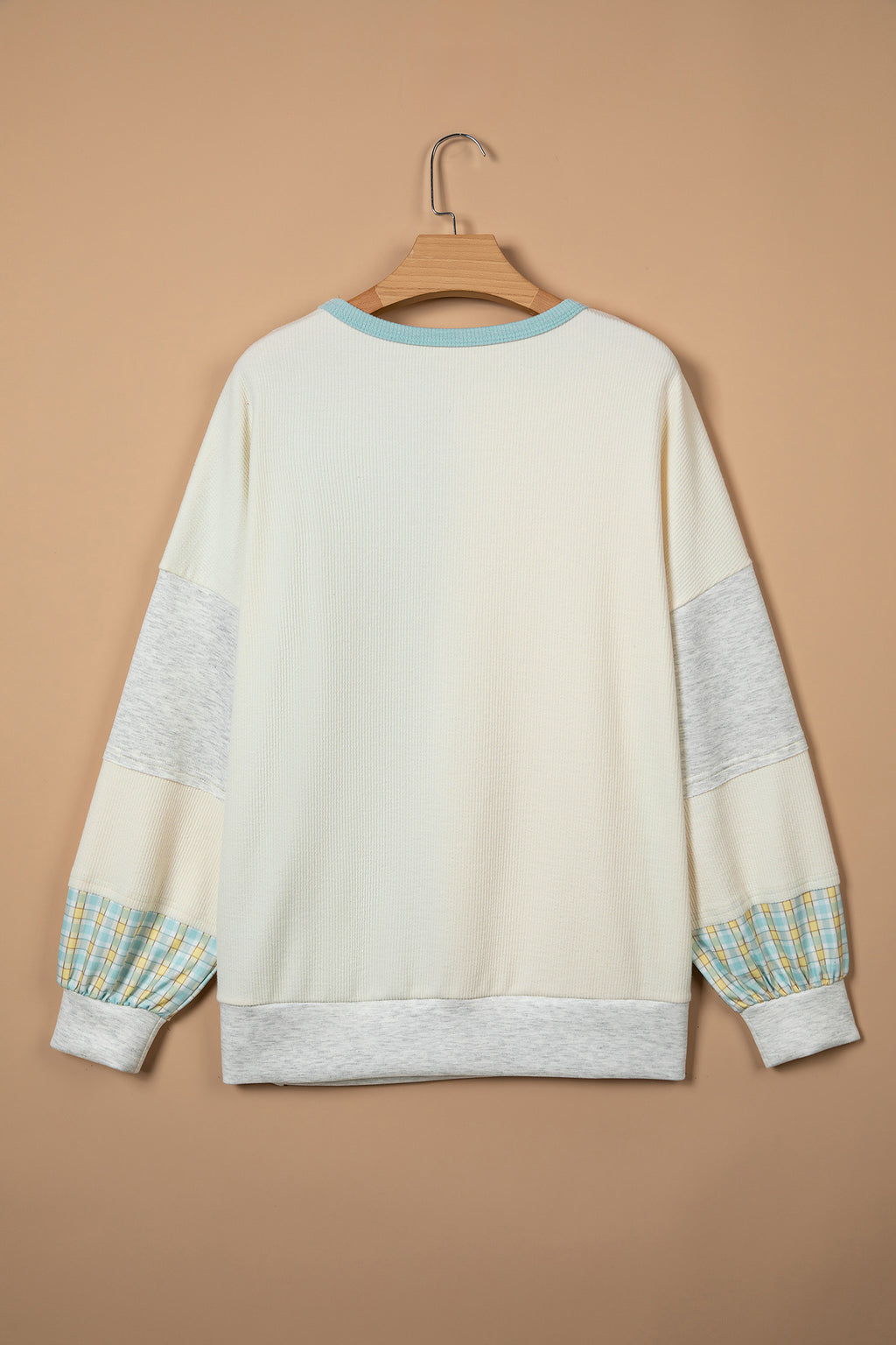 *Light Blue Plaid Patchwork Round Neck Long Sleeve Top