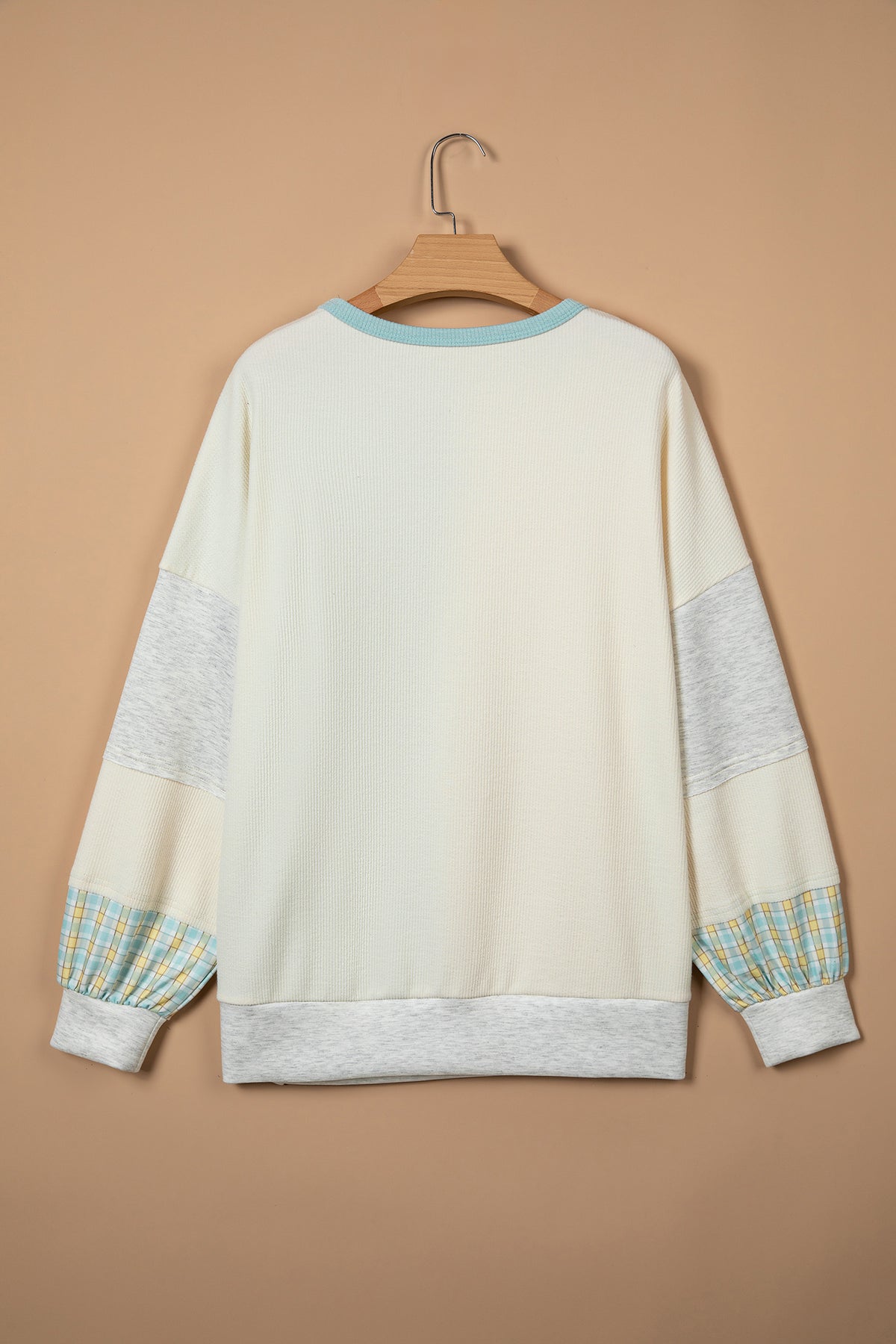*Light Blue Plaid Patchwork Round Neck Long Sleeve Top