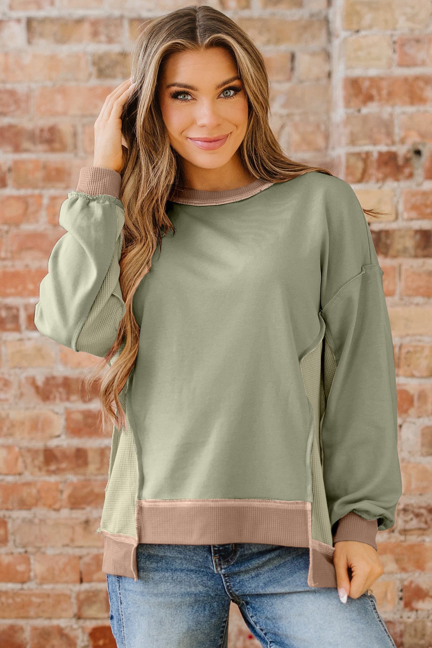 *Light Pink Color Block Mix Texture Waffle Patchwork Oversize Sweatshirt