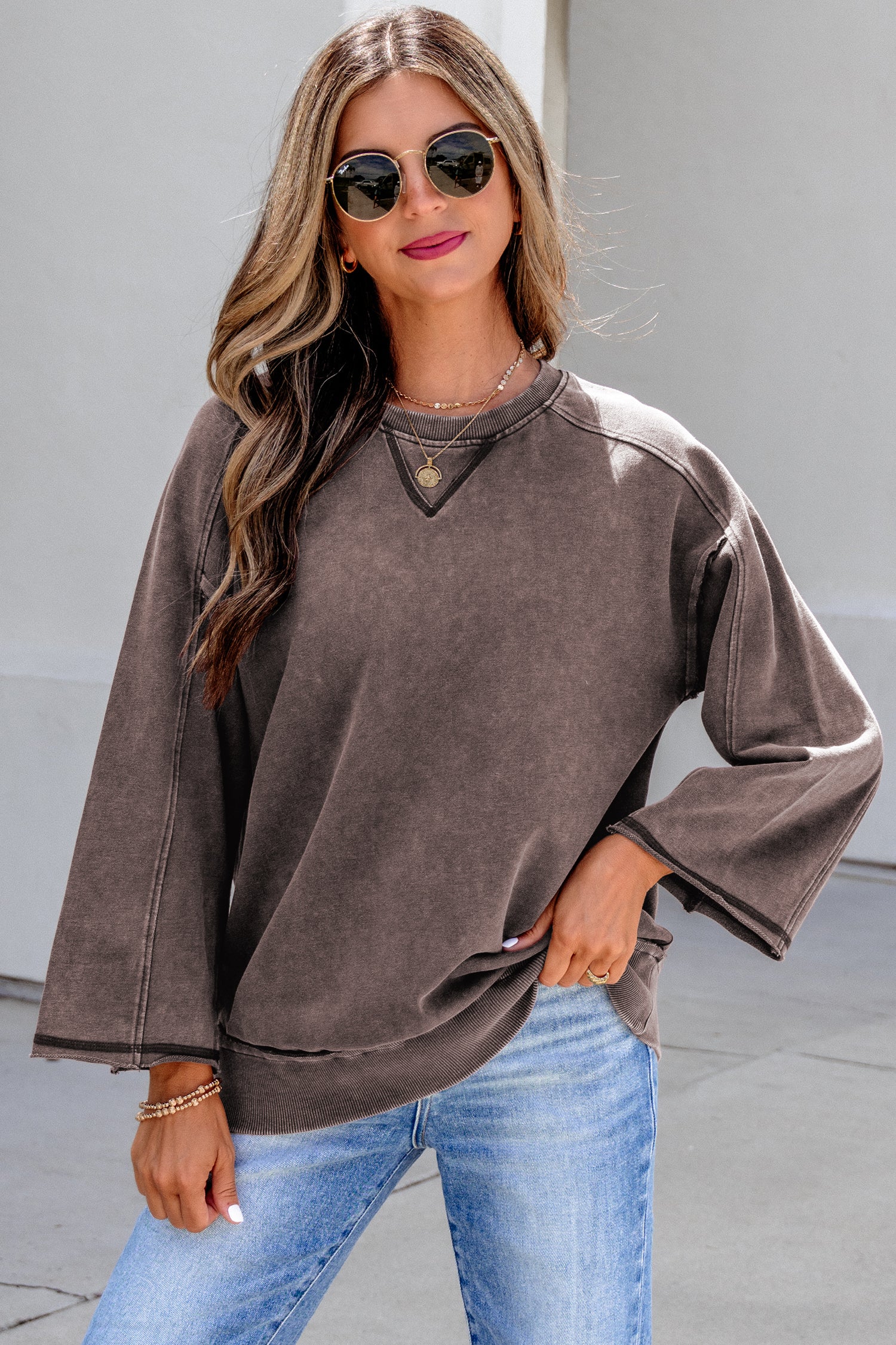 *Dark Brown 3/4 Sleeve Mineral Wash Loose Cotton Top