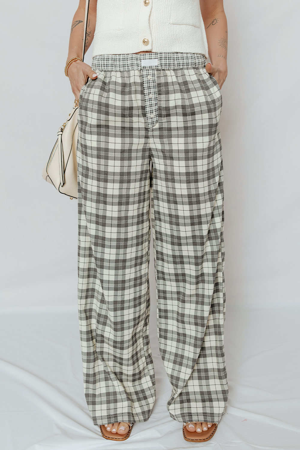 *Gray Plaid Wide Leg Casual Pants