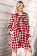 *Red Plaid Print Smocked Puff Sleeve Mini Dress