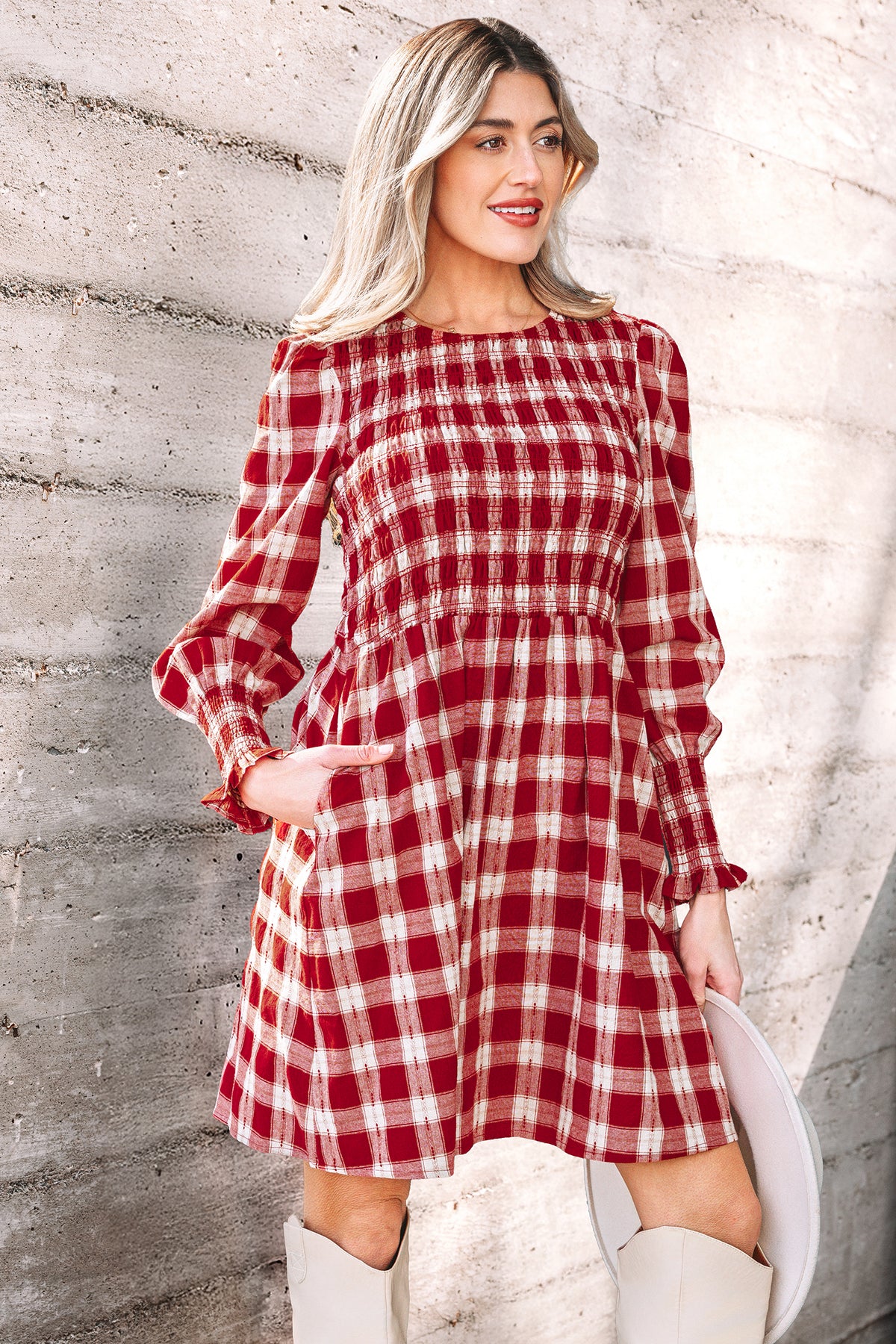 *Red Plaid Print Smocked Puff Sleeve Mini Dress