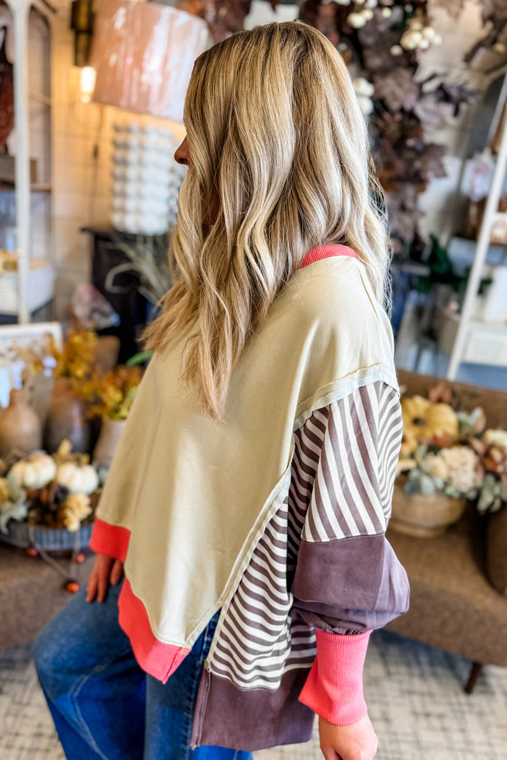*White Color Block Striped Patchwork Dolman Slit Sweatshirt