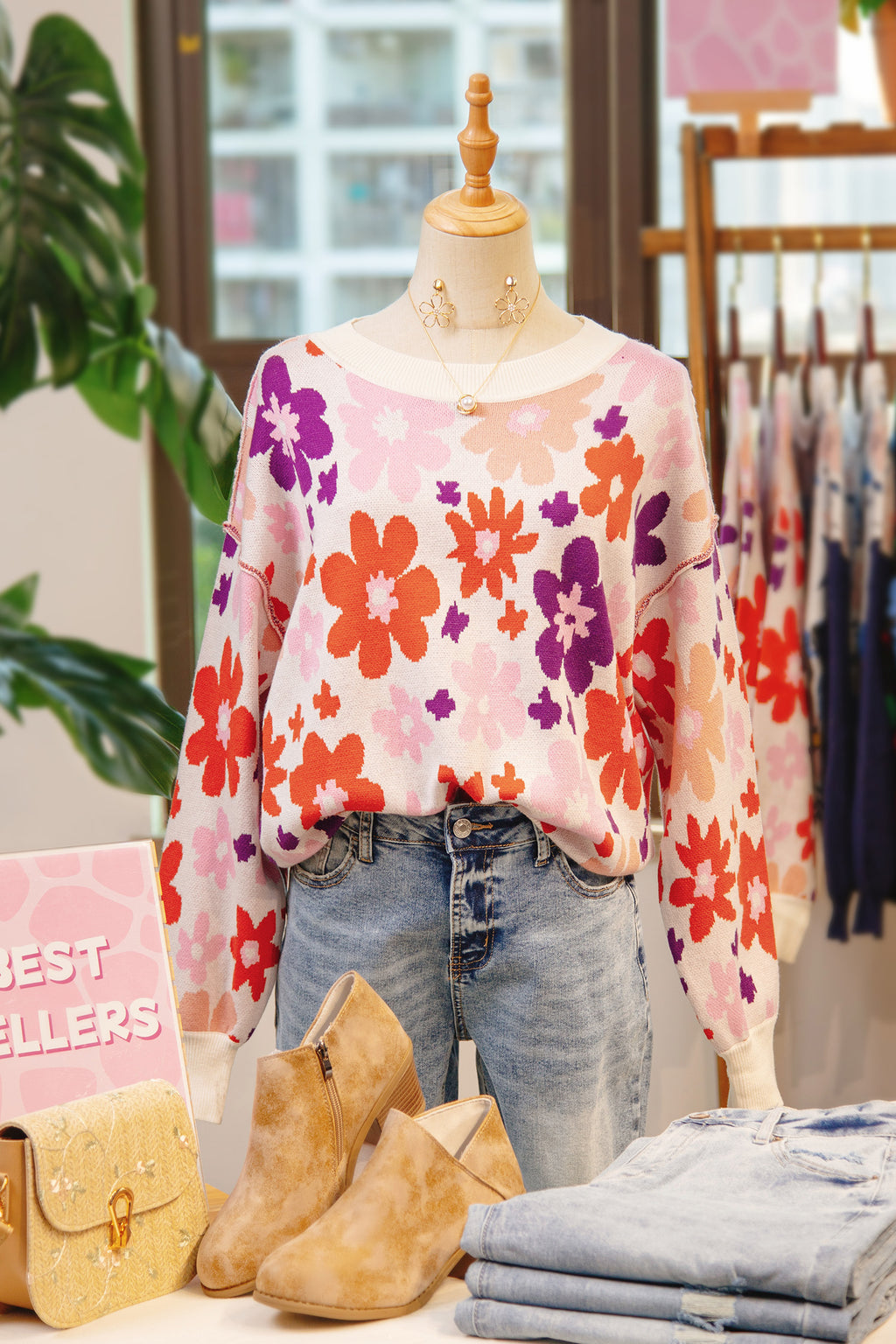 *Khaki Fall Floral Pattern Drop Shoulder Sweater