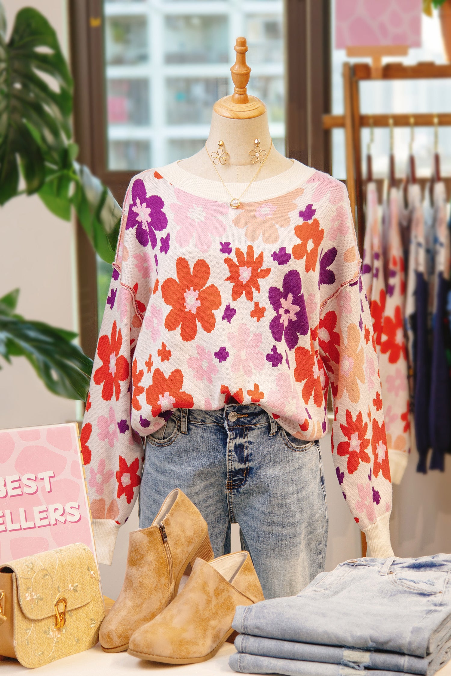 *Khaki Fall Floral Pattern Drop Shoulder Sweater