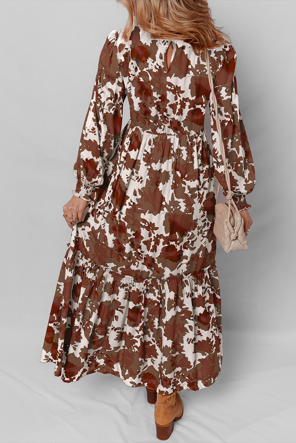 *Orange Floral Puff Sleeve Smocked Bodice Ruffled Long Dress