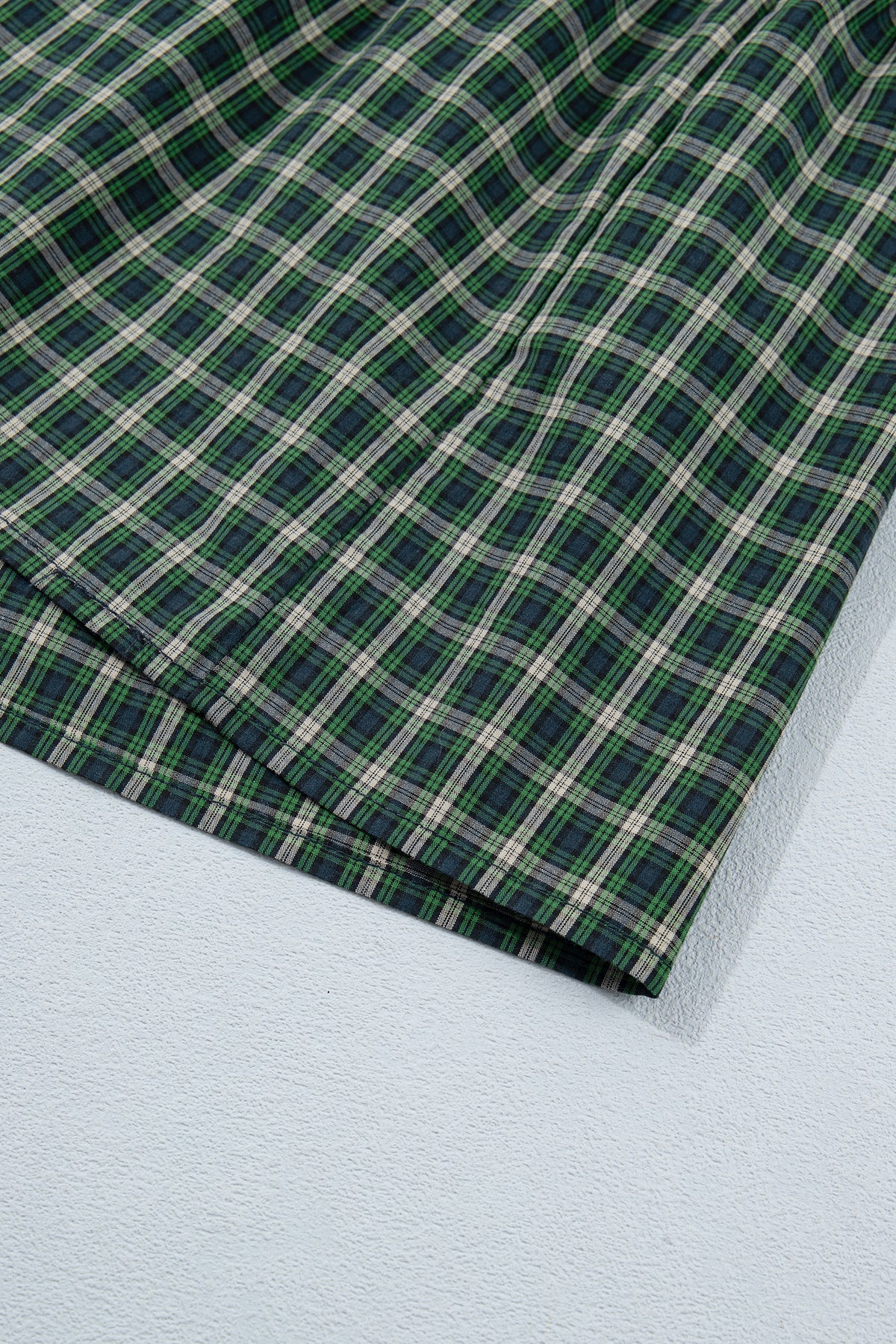 *Green Plaid Square Neck Shirred High Waist Ruffle Hem Dress