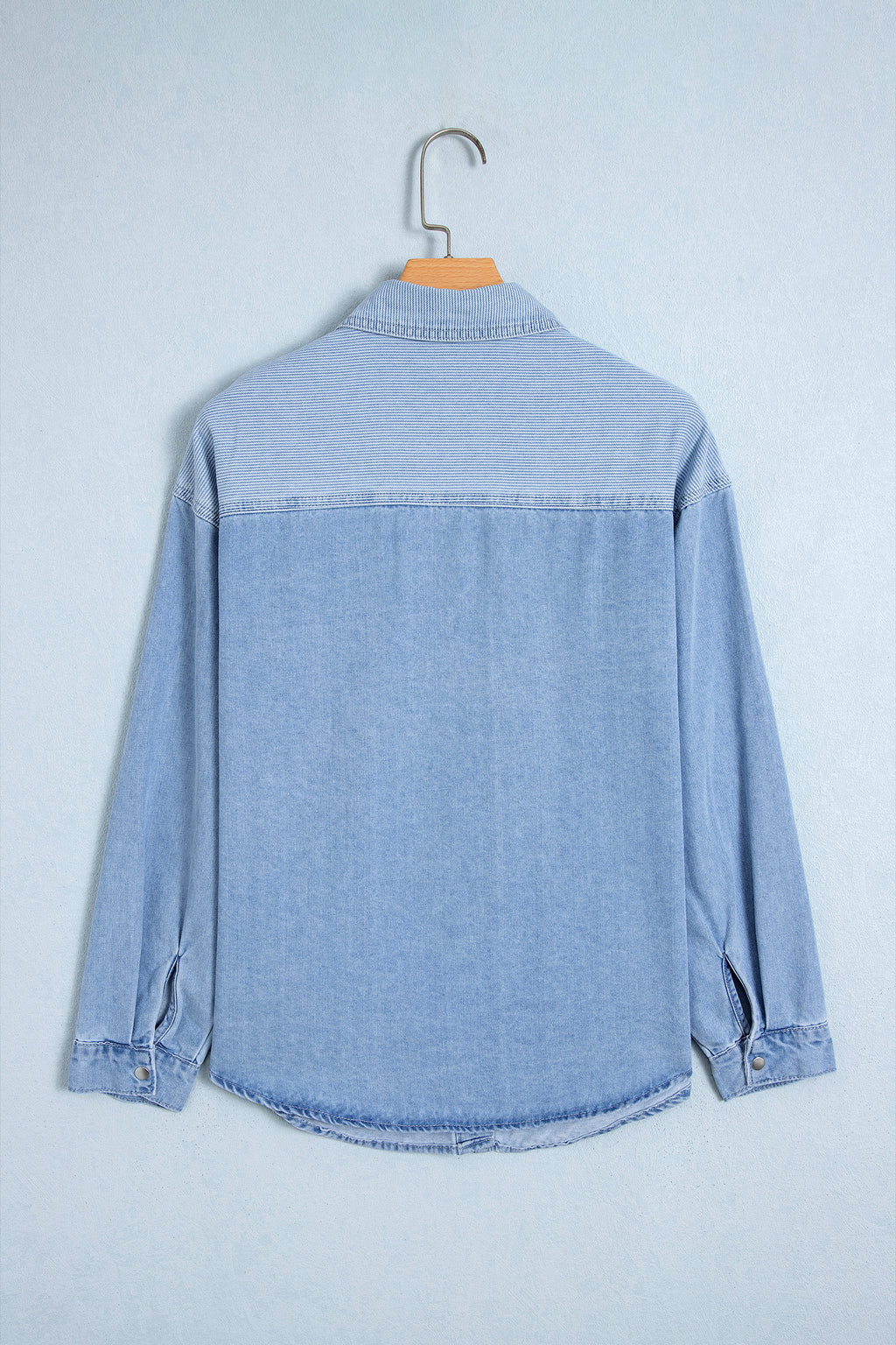 *Beau Blue Lightweight Denim Striped Patchwork Button Down Shacket