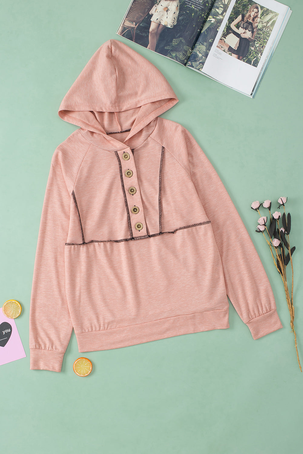 *Pink Buttons Front Princess Line Out Seam Hoodie