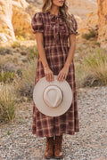 *Red Vintage Plaid Knot Front Smocked High Waist Midi Dress
