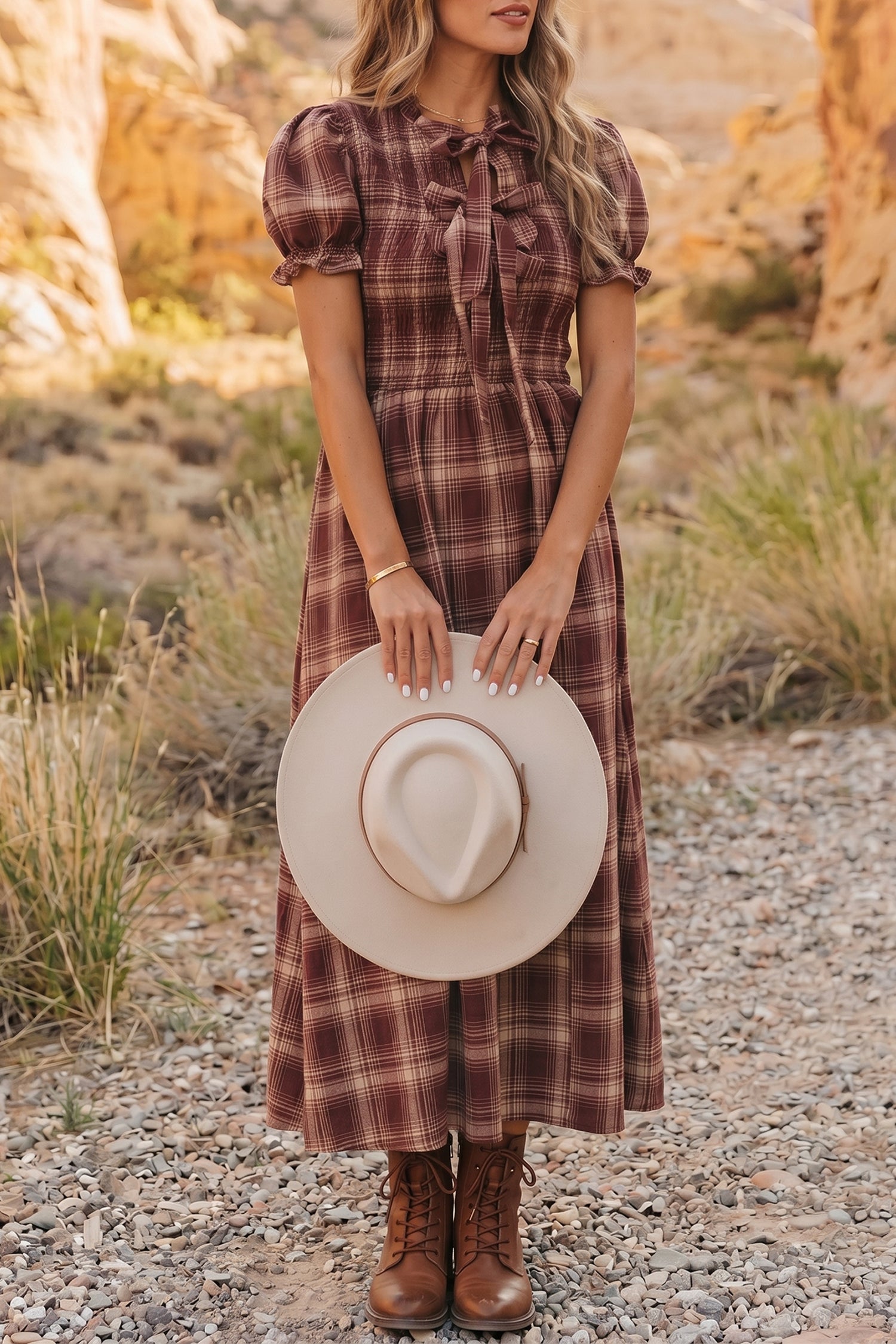 *Red Vintage Plaid Knot Front Smocked High Waist Midi Dress