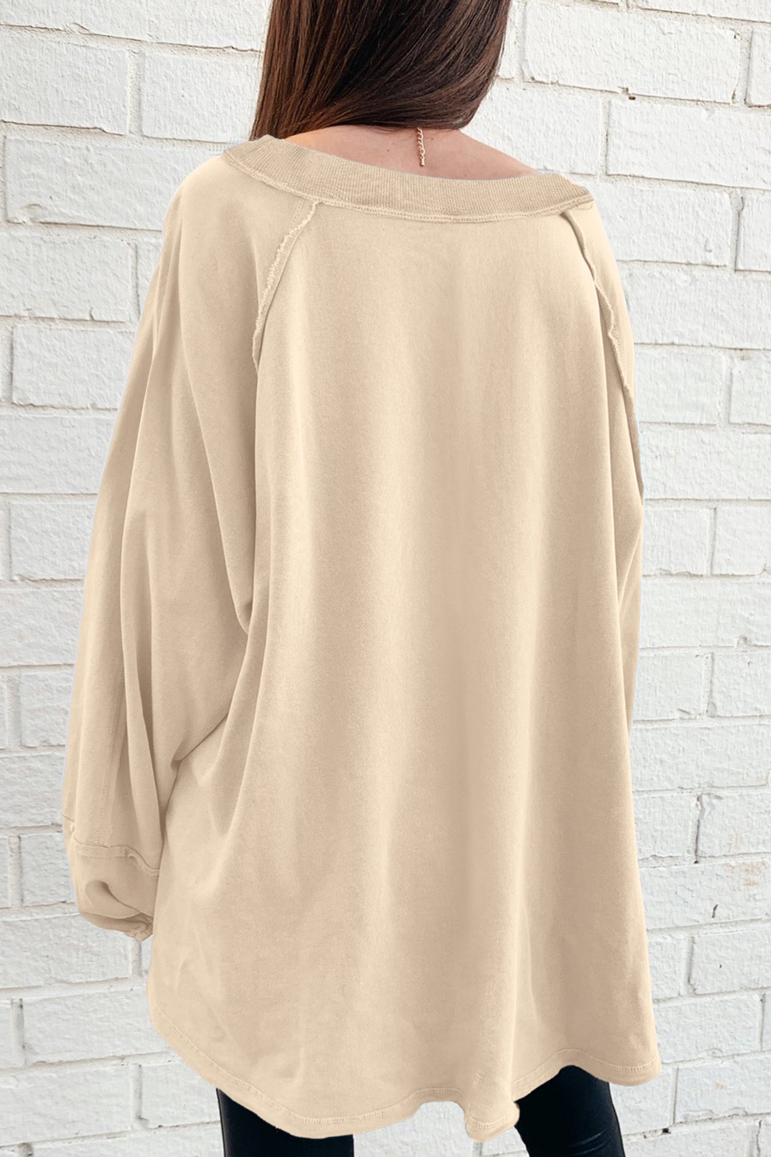 *Beige Solid Color Raw Seam Patchwork Baggy Sweatshirt