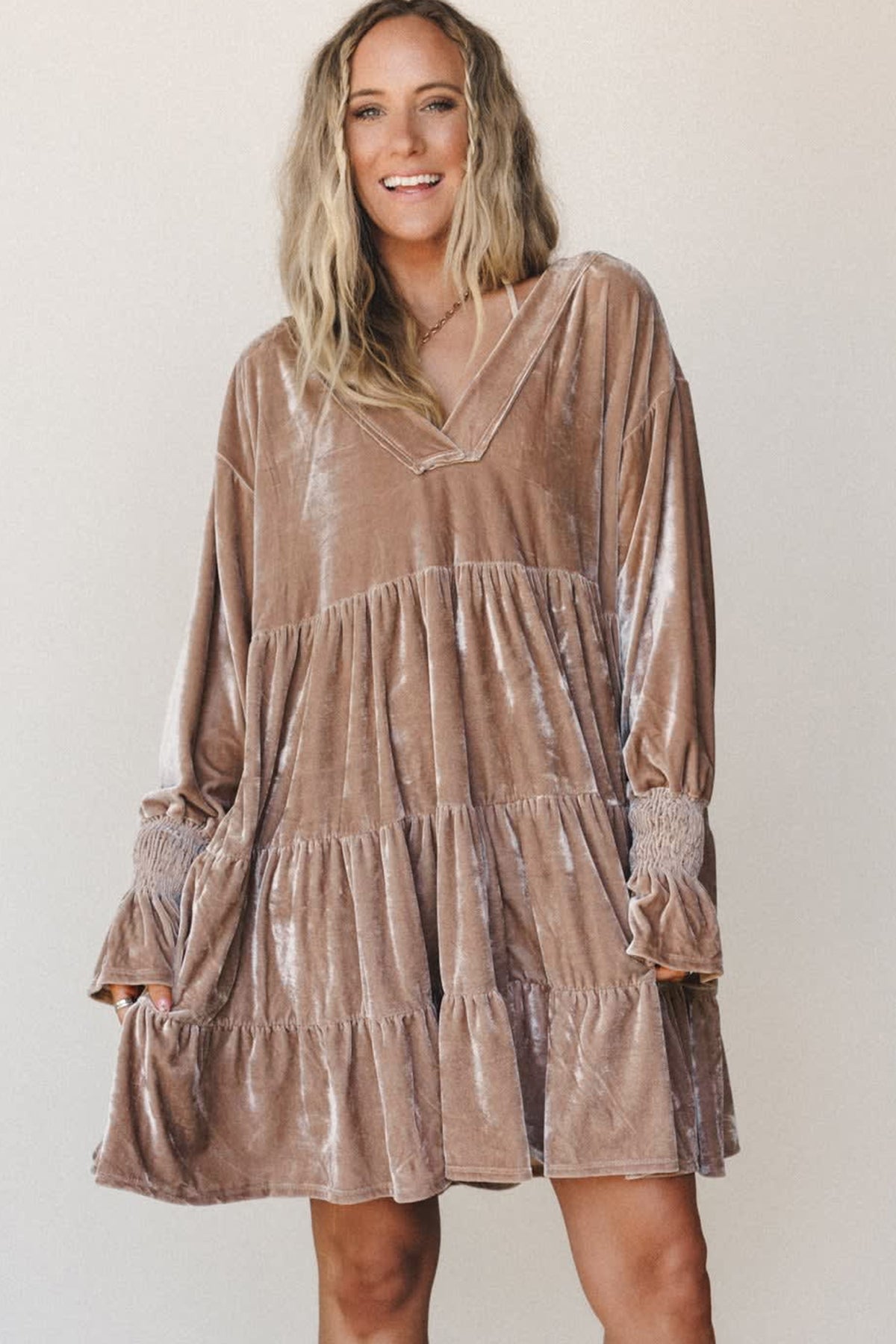 *Smoke Gray Solid Color V Neck Velvet Tiered Long Sleeve Dress