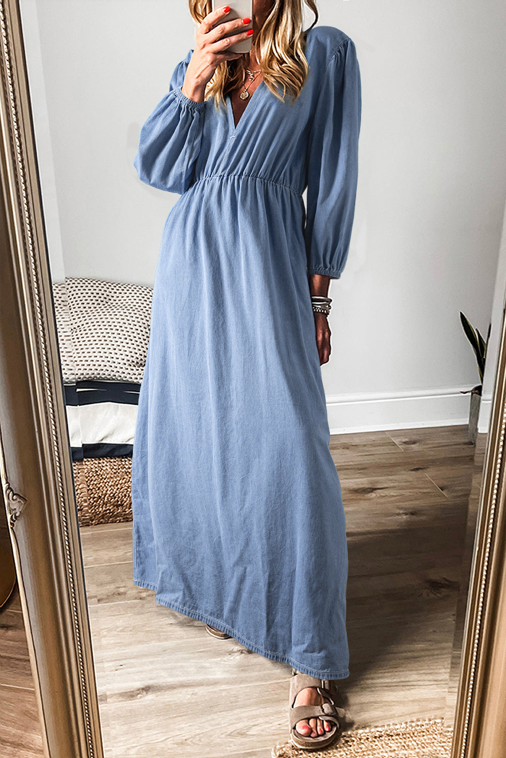 *Myosotis Chambray Deep V Neck Bracelet Sleeve Maxi Dress