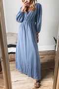*Myosotis Chambray Deep V Neck Bracelet Sleeve Maxi Dress
