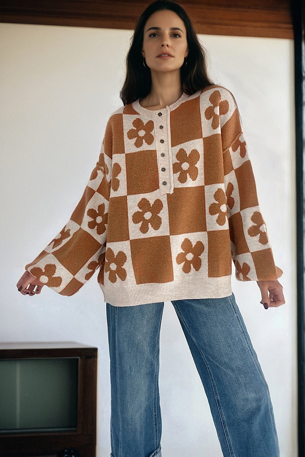 *Red Dahlia Flower Plaid Henley Baggy Sweater