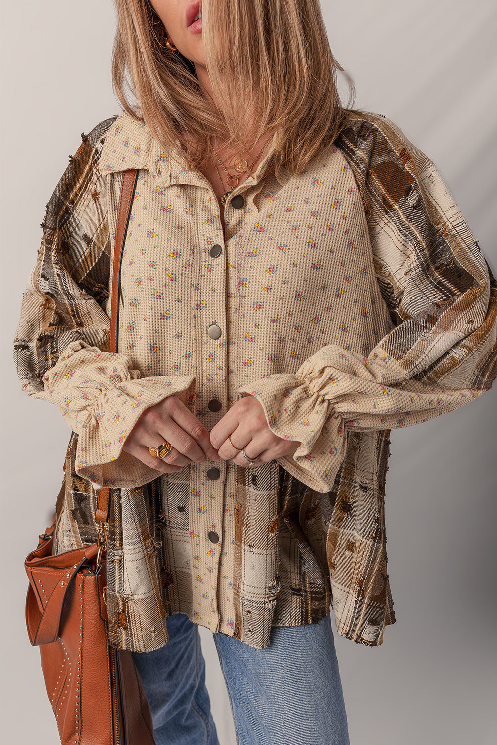 *Oatmeal Boho Floral Plaid Patchwork Distressed Detail Ruffled Sleeve Waffle Knit Shacket