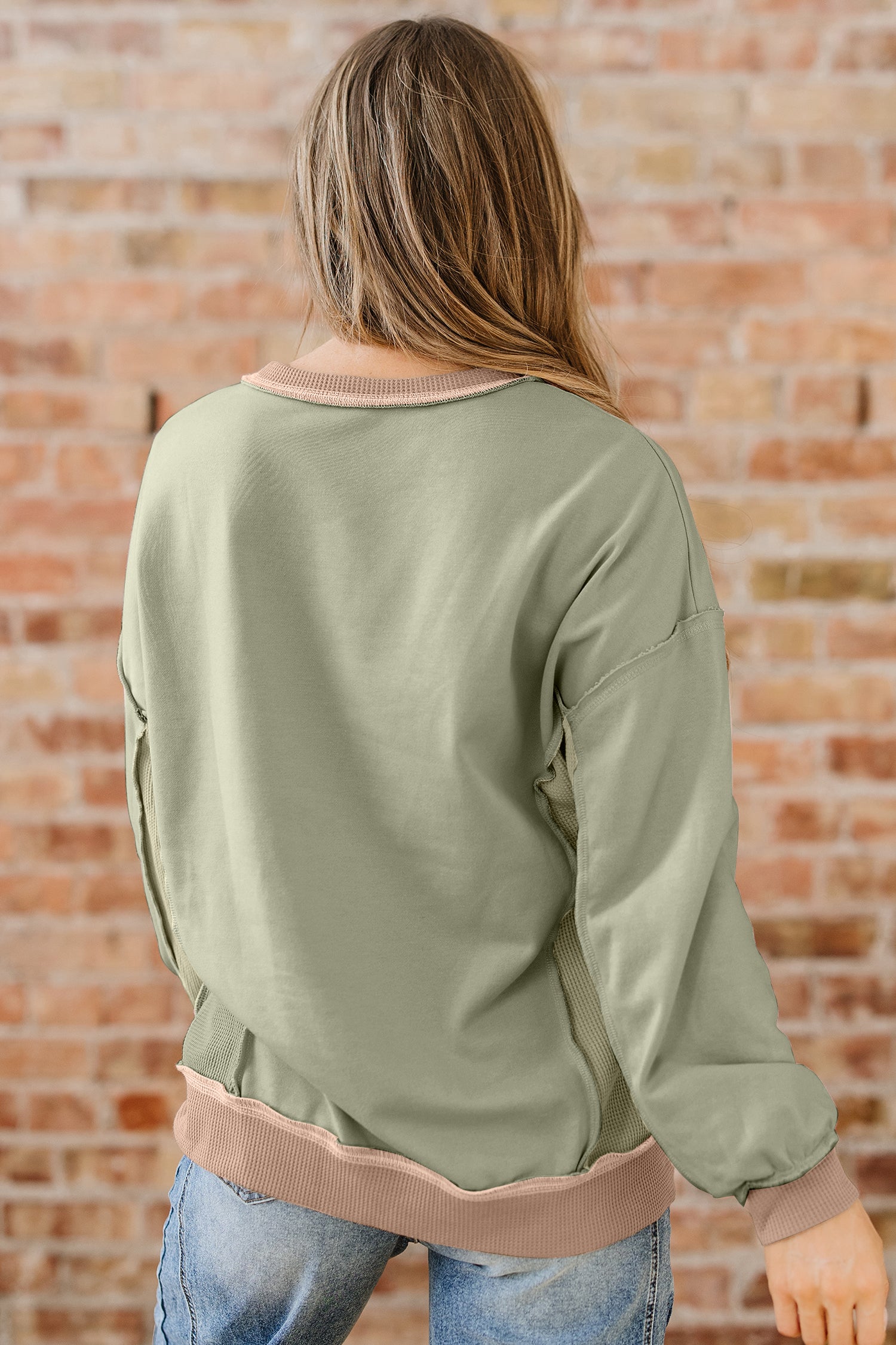 *Light Pink Color Block Mix Texture Waffle Patchwork Oversize Sweatshirt