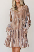 *Smoke Gray Solid Color V Neck Velvet Tiered Long Sleeve Dress
