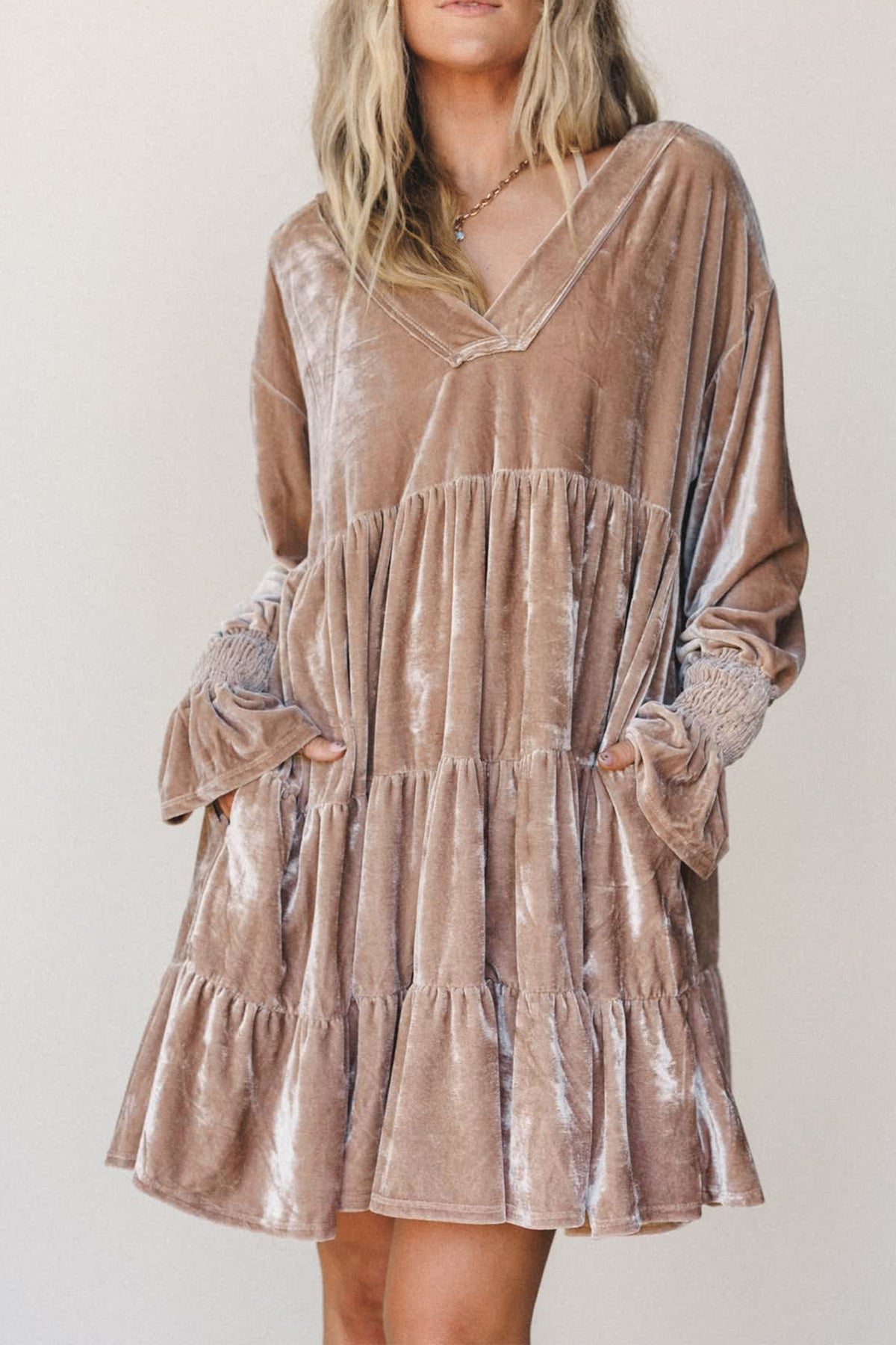 *Smoke Gray Solid Color V Neck Velvet Tiered Long Sleeve Dress