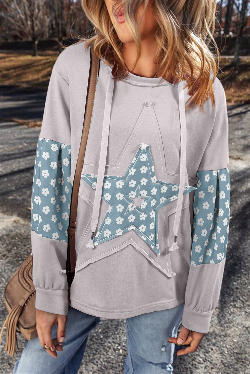 *Apricot Floral Patchwork Star Pattern Drawstring Hoodie