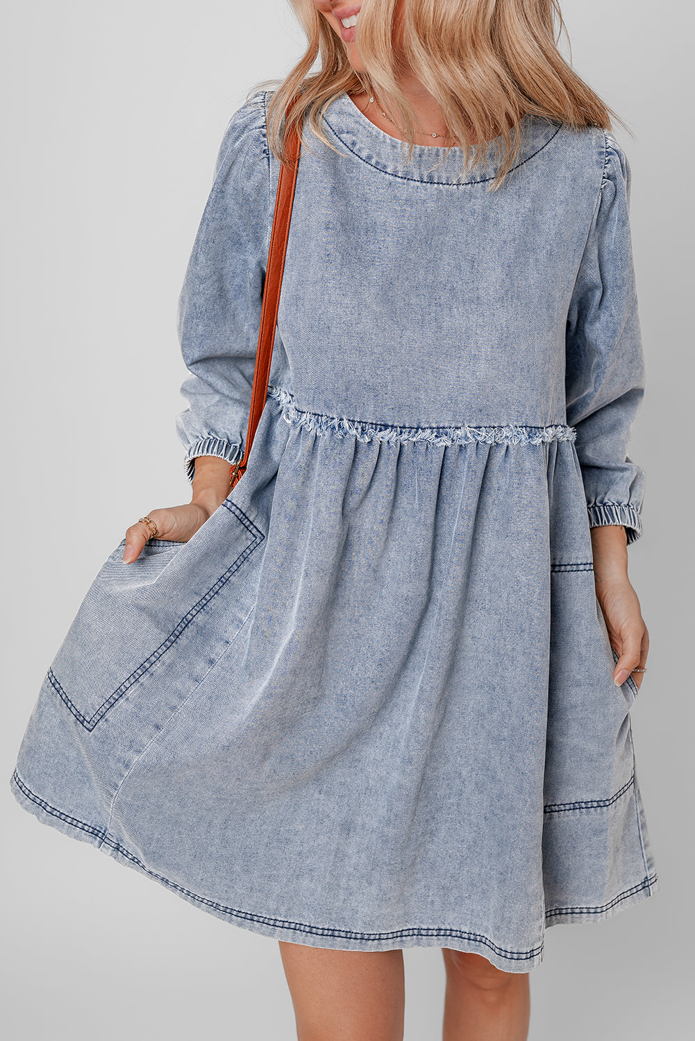 *Beau Blue Light Wash High Waist Loose Fit Denim Mini Dress