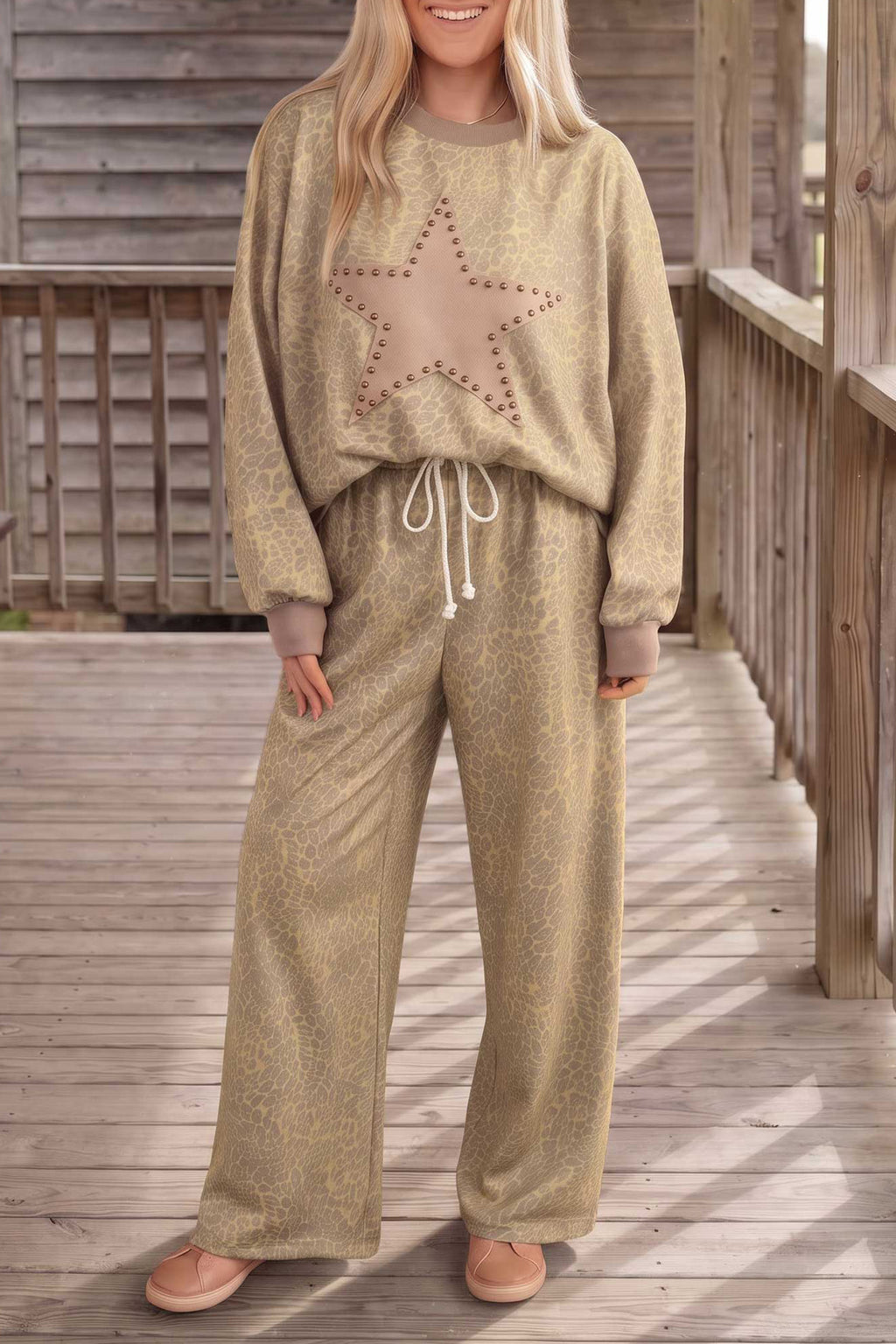 *Khaki Leopard Star Print Long Sleeve Loose Casual Two Piece Pants Set