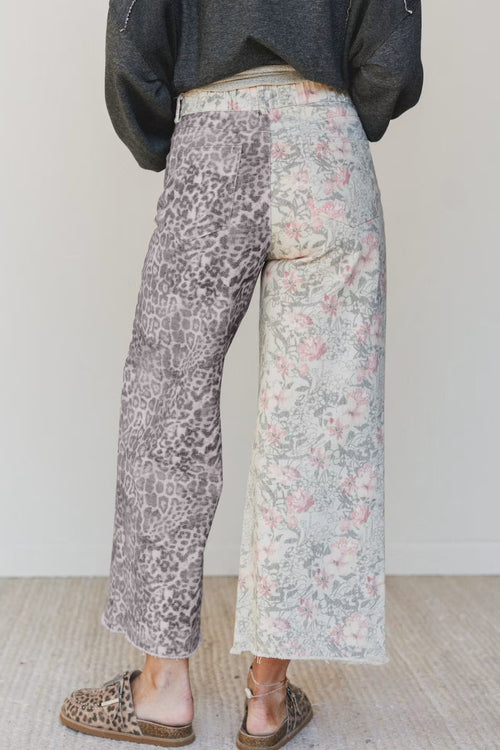 *Multicolour Retro Floral Leopard Contrast Patchwork Raw Hem Jeans