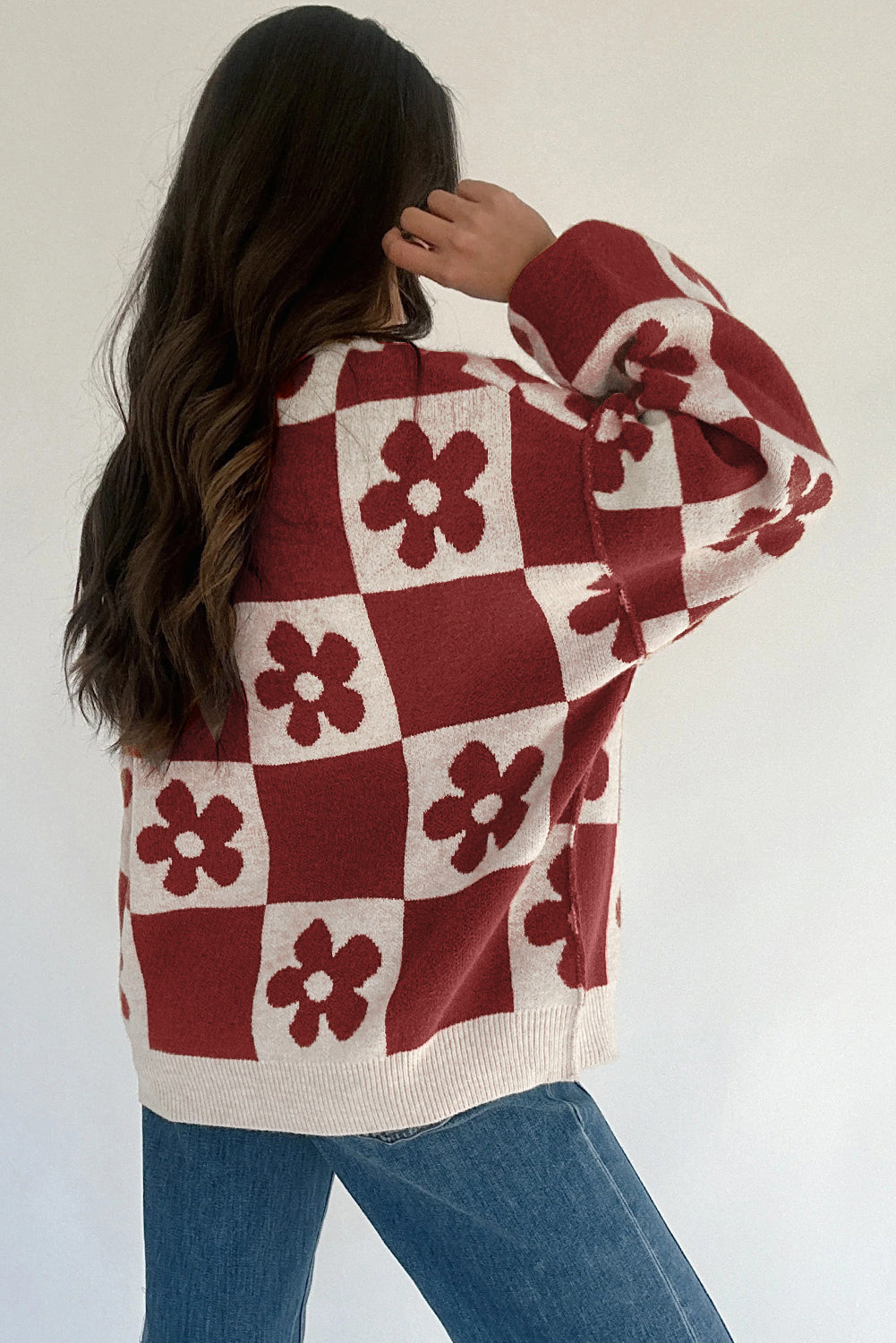 *Red Dahlia Flower Plaid Henley Baggy Sweater