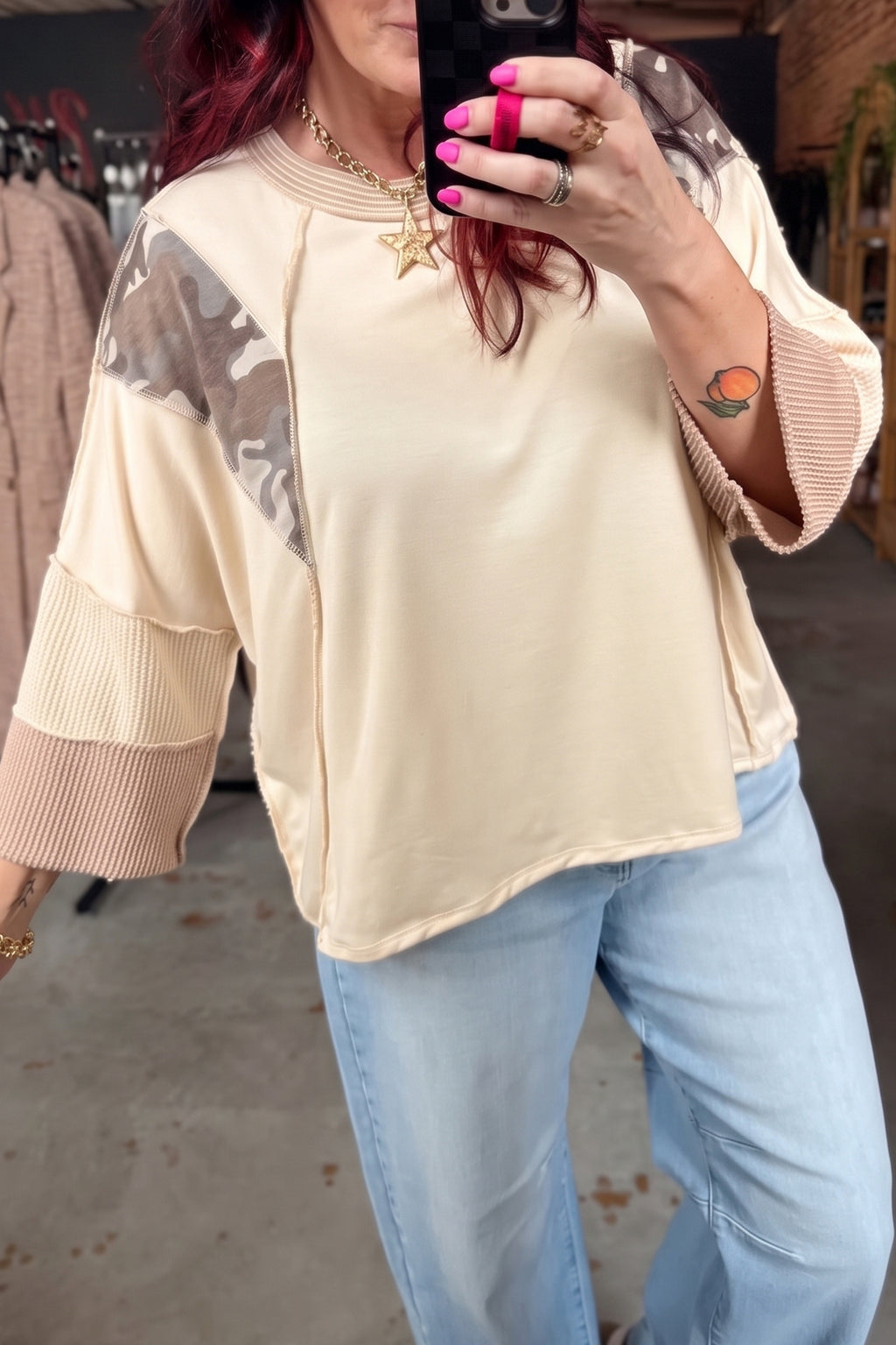 *Beige Camouflage Colorblock Twist Rib Patchwork 3/4 Sleeve Top
