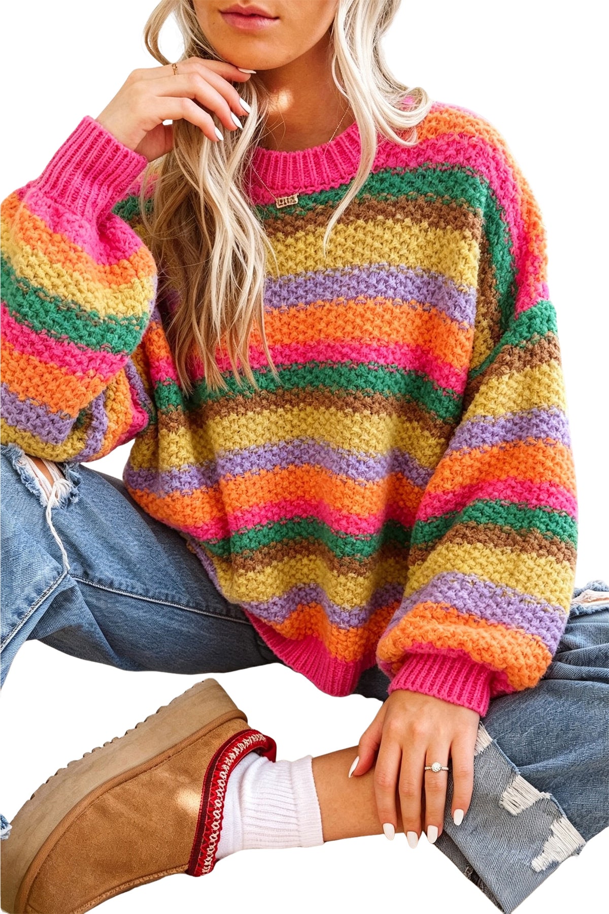 *Camel Rainbow Striped Knit Round Neck Puff Sleeve Sweater