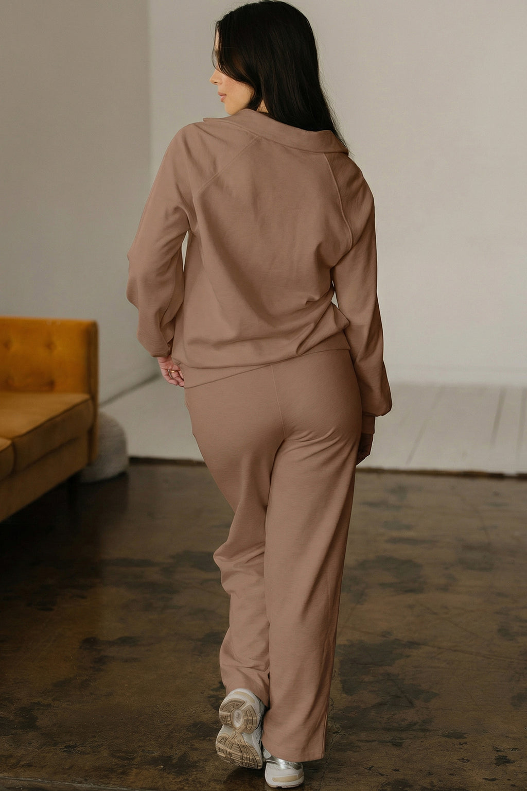 *Dark Khaki Polo Collar V Neck Pullover and Drawstring Sweatpants Set