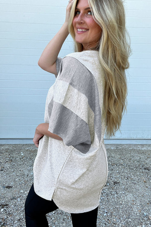 *Light Grey Two Tone Contrast Waffle Knit Patched Buttoned V Neck Top
