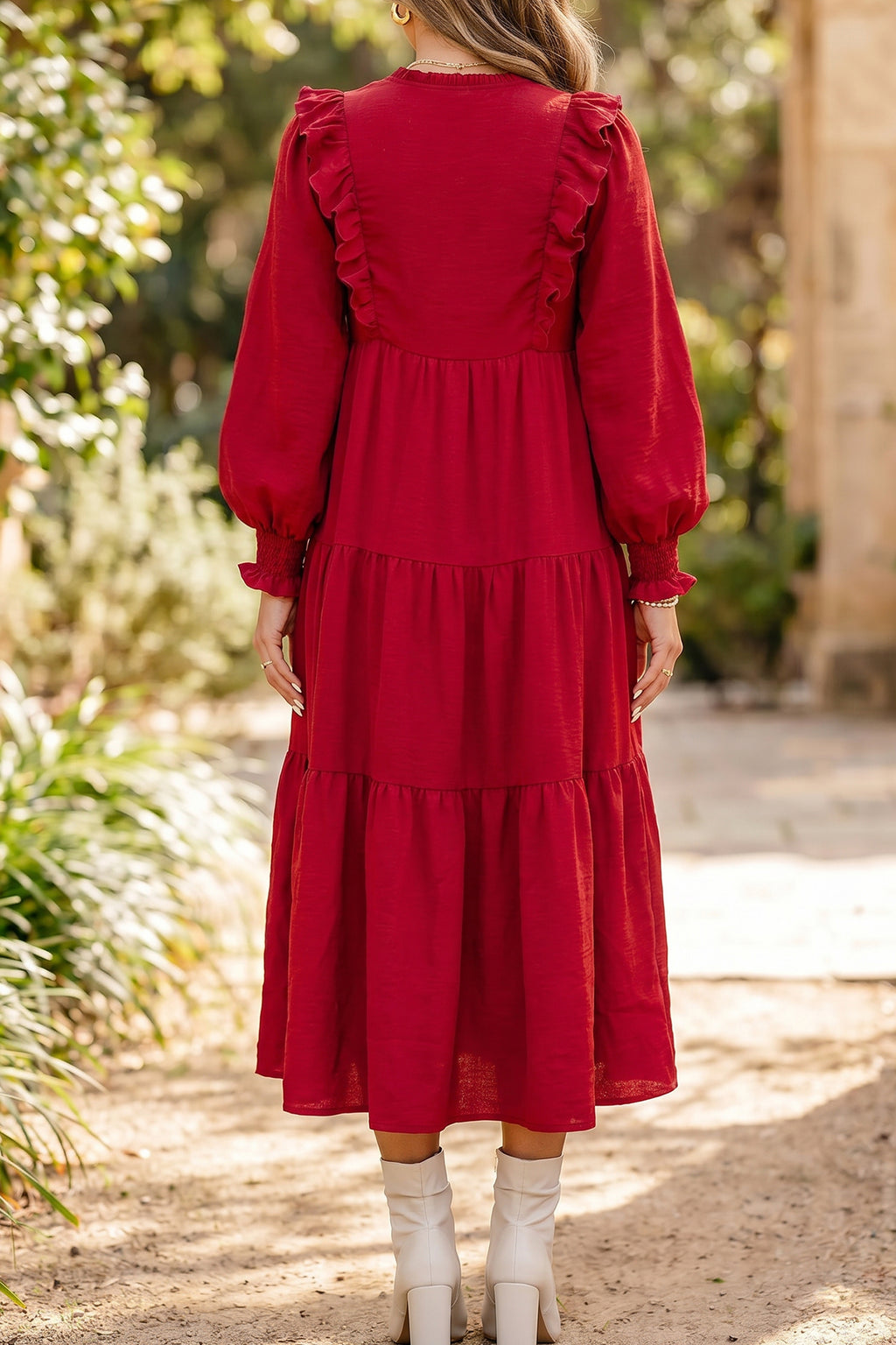 *Racing Red Solid Color Ruffle Trim Long Sleeve Tiered Shift Midi Dress