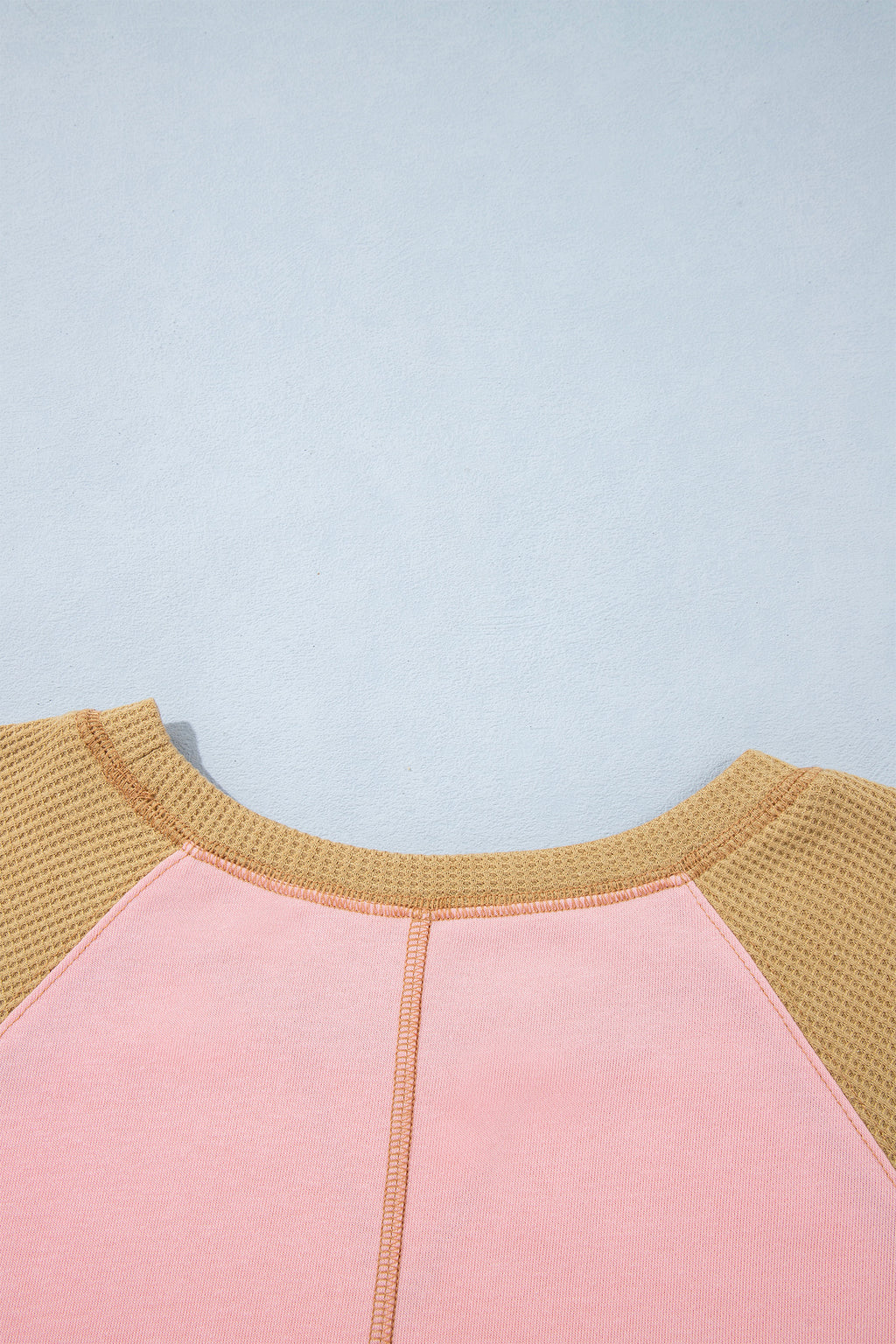 *Apricot Pink Color Block Floral Waffle Mixed Patchwork Long Sleeve Top