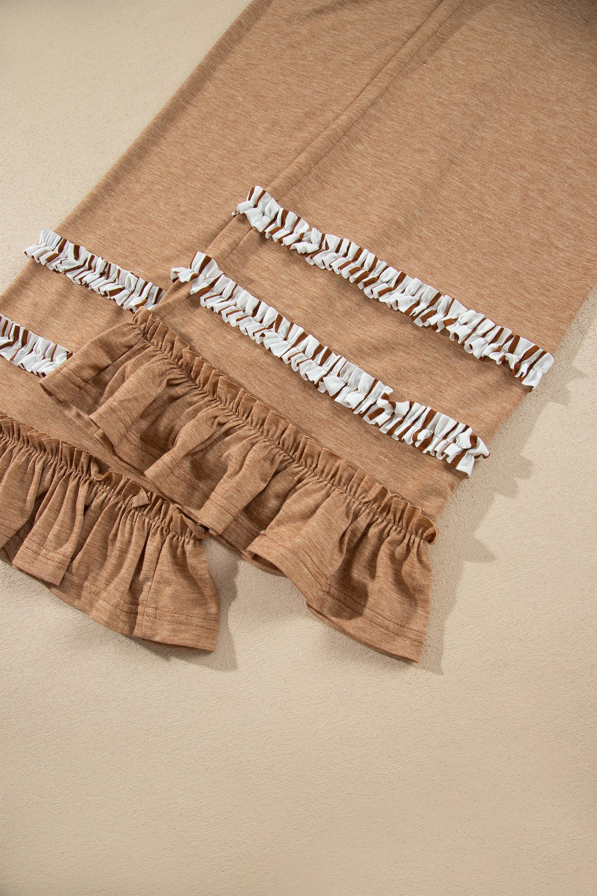 *2 colors Khaki/Gray Stripe V Neck Ruffle Contrast Sleeve Top Drawstring Pants 2pcs Set