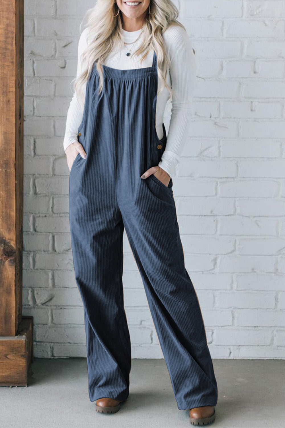 *Real Teal Button Adjustable Straps Solid Color Corduroy Jumpsuit
