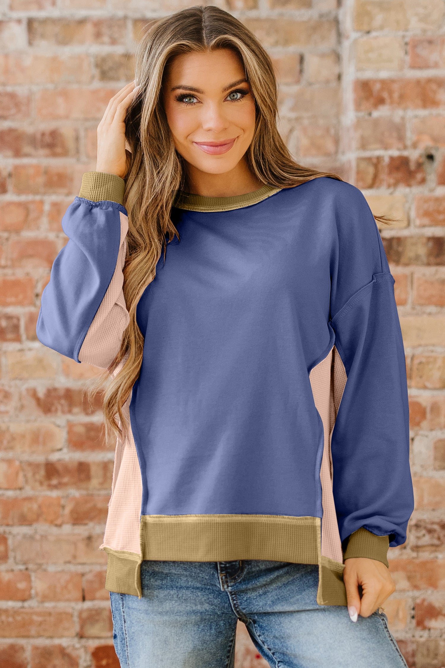 *Light Pink Color Block Mix Texture Waffle Patchwork Oversize Sweatshirt
