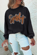 *Black Spooky Rhinestone Drop Shoulder Graphic Sweatshirt