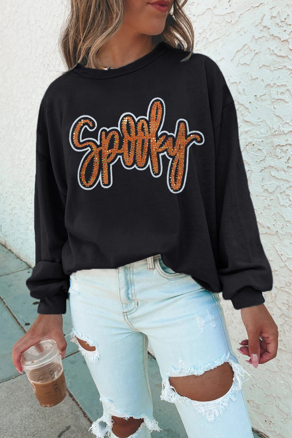 *Black Spooky Rhinestone Drop Shoulder Graphic Sweatshirt
