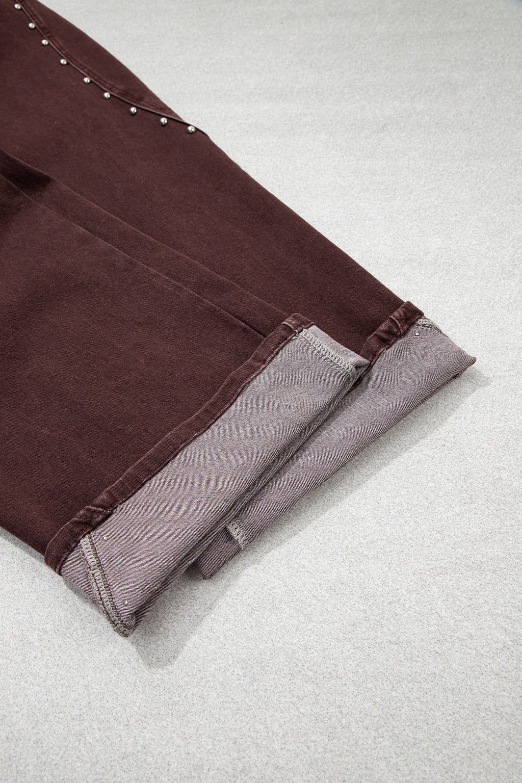 *(2 colors) Coffee Side Seam Rivet Detail Ankle Length Casual Jeans