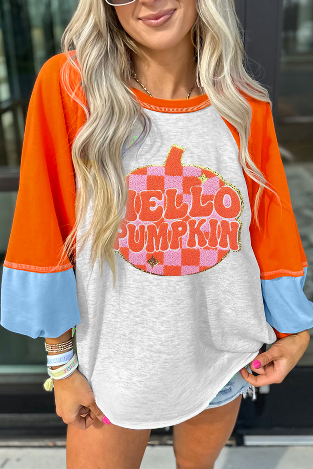 *Light Grey HELLO PUMPKIN Patched Graphic Color block Bubble Sleeve Raglan Top
